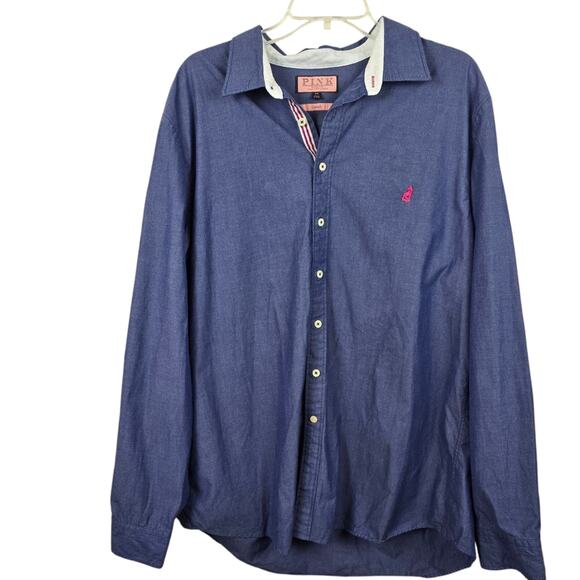 Thomas Pink Mens Dress Shirt Blue Fox Logo Cotton Emboidery Slimming Classic 3XL - Picture 1 of 14
